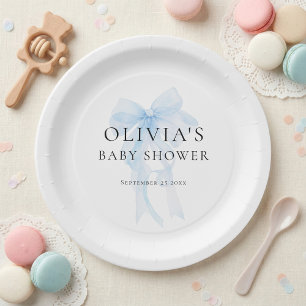 Minimalist Light Blue Bow Baby Shower Paper Plate
