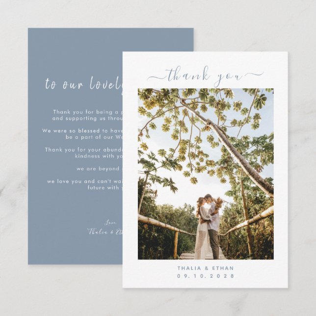 Minimalist Light Blue Elegant with photo Wedding Thank You Card (Front/Back)