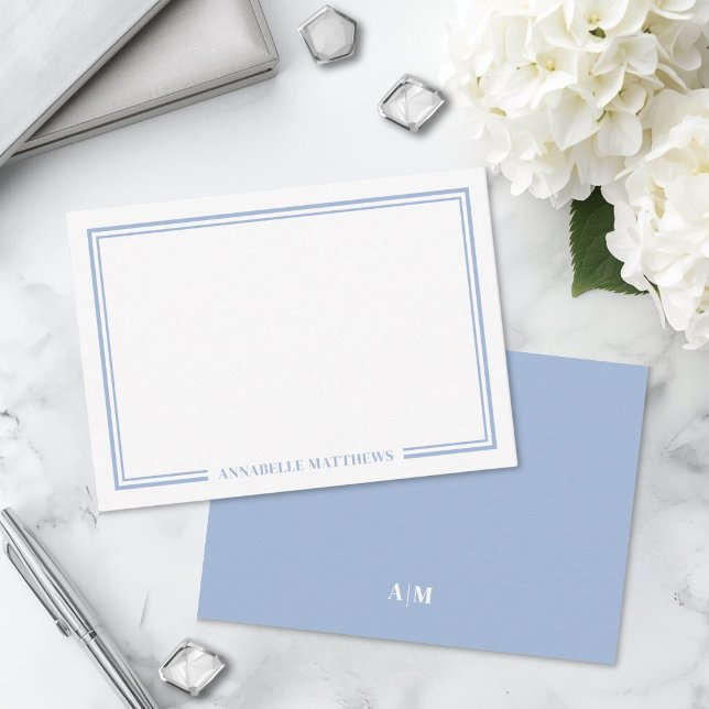 Minimalist Light Blue Two Border Monogram Card (Minimalist Light Blue Two Border Monogram Note Card)