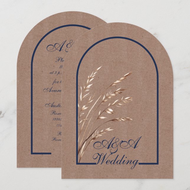Minimalist Light Brown and Navy Arch Wedding  Invitation (Front/Back)