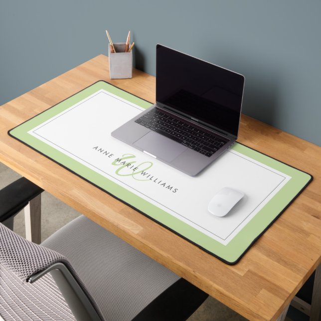 Minimalist Light Green Script Two Border Monogram Desk Mat (Office 2)