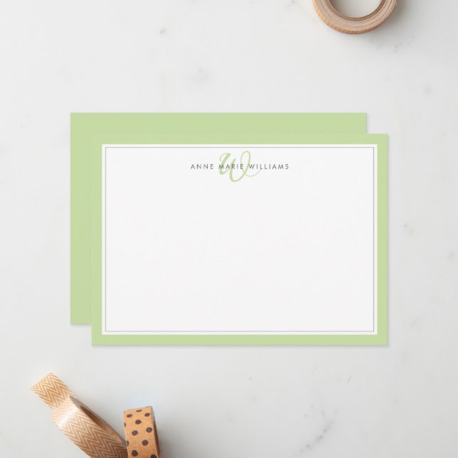 Minimalist Light Green Two Border Monogram Card (Front/Back In Situ)