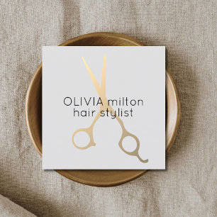 Minimalist Light Grey Faux Gold Scissors Hair Square Business Card