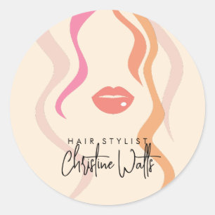 Minimalist Light Peach Hairstylist Wavy Hair Cute Classic Round Sticker