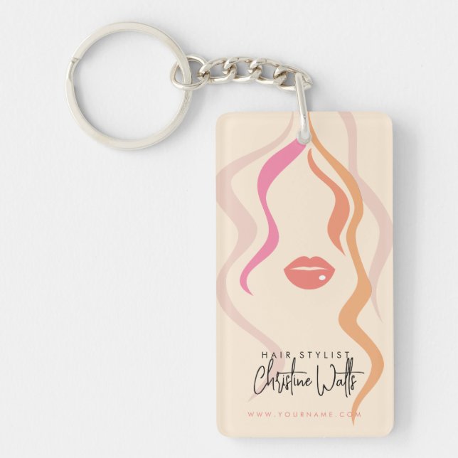 Minimalist Light Peach Hairstylist Wavy Hair QR Key Ring (Front)