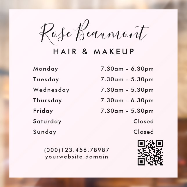 Minimalist Light Pink Business Hours Window Cling  (Sheet 2)