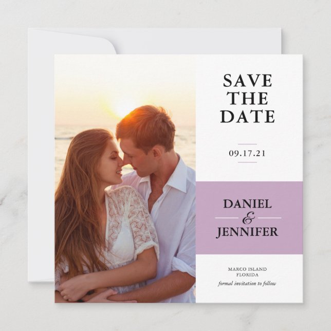 Minimalist Light Purple Photo Save The Date (Front)