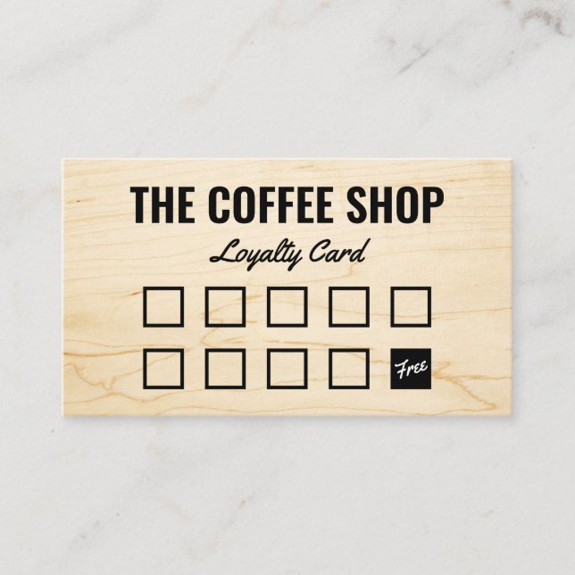 Minimalist light wood grain rustic coffee shop loyalty card (Front)