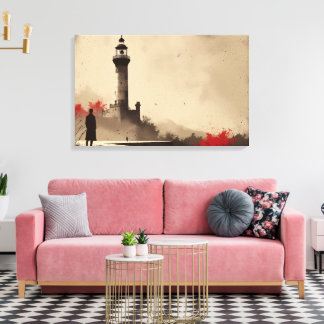 Minimalist Lighthouse Canvas with Red Accents