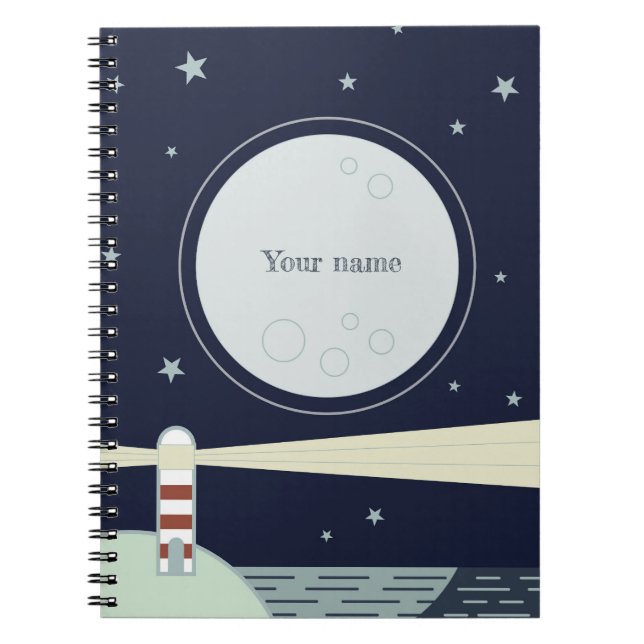 Minimalist lighthouse with moon and stars notebook (Front)