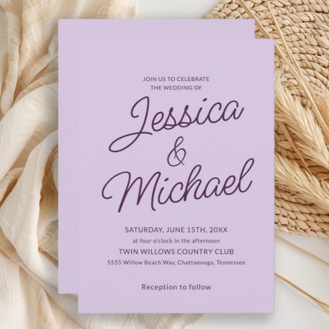 Minimalist Lilac Plum Purple Script Wedding  Invitation (Lavender and plum purple wedding invitation)
