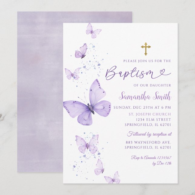 Minimalist Lilac Purple Butterfly Girl Baptism Invitation (Front/Back)