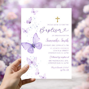 Minimalist Lilac Purple Butterfly Girl Baptism Invitation