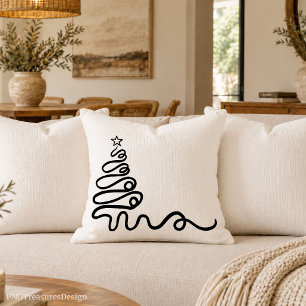 Minimalist line art black and white Christmas tree Cushion