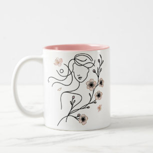 Minimalist Line Art Cherry Blossom Mug, Woman Face Two-Tone Coffee Mug