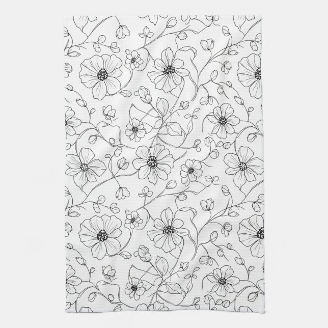 Minimalist Line Art Floral Seamless Pattern (1) Tea Towel (Vertical)