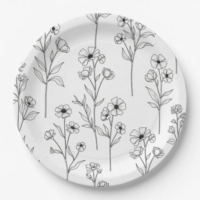 Minimalist Line Art Floral Seamless Pattern (2) Paper Plate (Front)