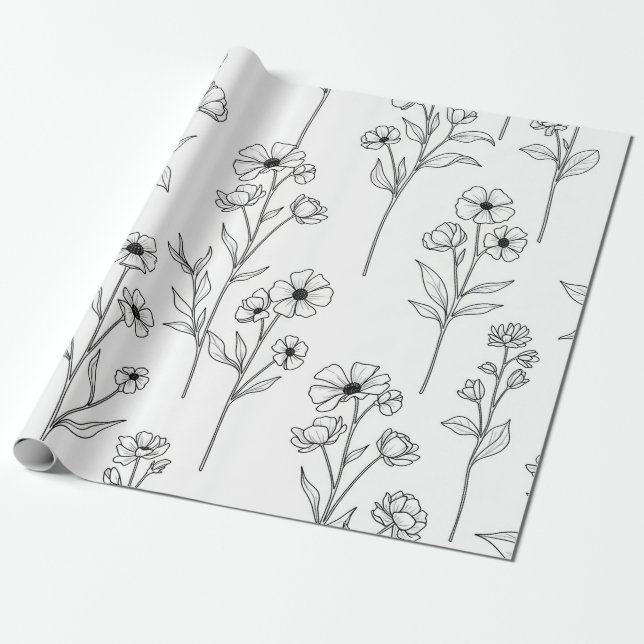 Minimalist Line Art Floral Seamless Pattern (2) Wrapping Paper (Unrolled)