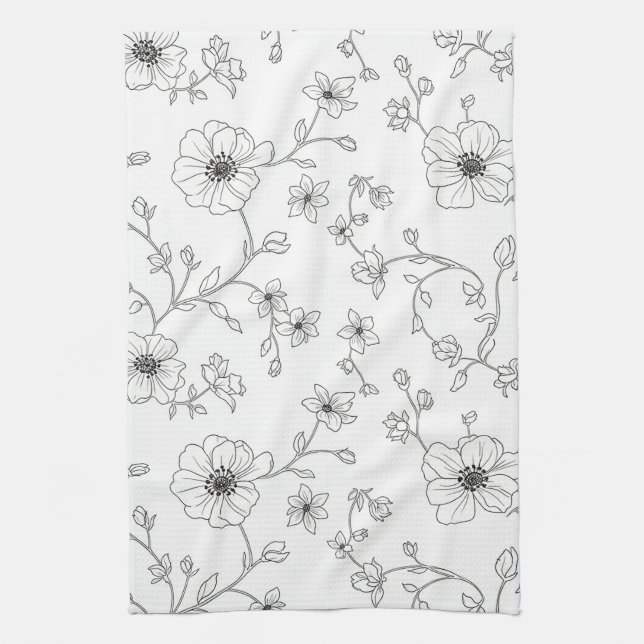 Minimalist Line Art Floral Seamless Pattern (4) Tea Towel (Vertical)