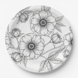 Minimalist Line Art Floral Seamless Pattern (5) Paper Plate