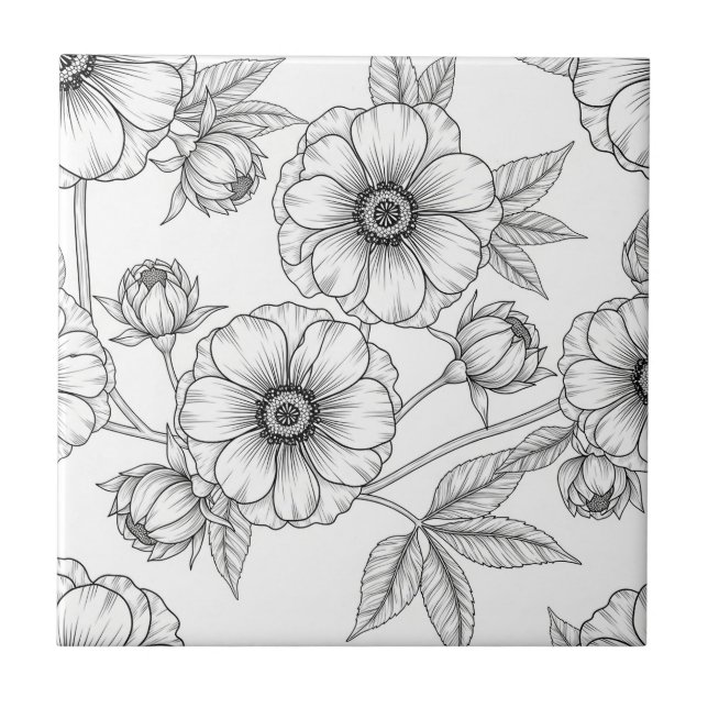 Minimalist Line Art Floral Seamless Pattern (5) Tile (Front)