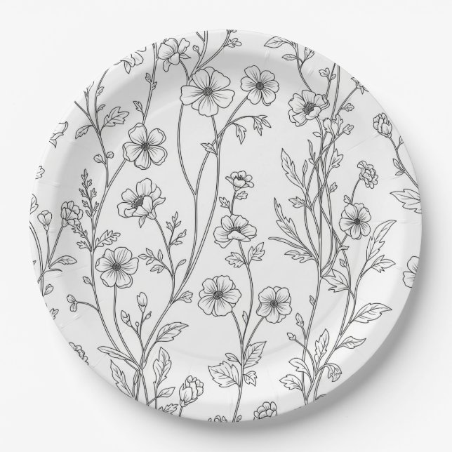 Minimalist Line Art Floral Seamless Pattern (7) Paper Plate (Front)