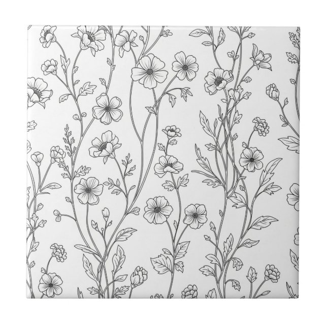 Minimalist Line Art Floral Seamless Pattern (7) Tile (Front)