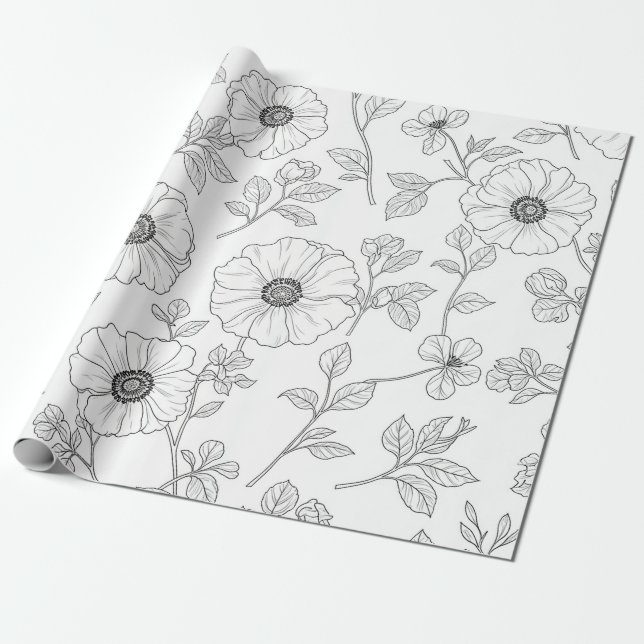 Minimalist Line Art Floral Seamless Pattern (8) Wrapping Paper (Unrolled)