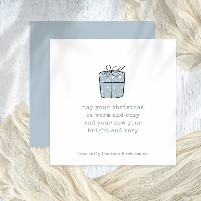 Minimalist Line Art Gift Warm Cosy Christmas Blue Holiday Card (Front and back view)