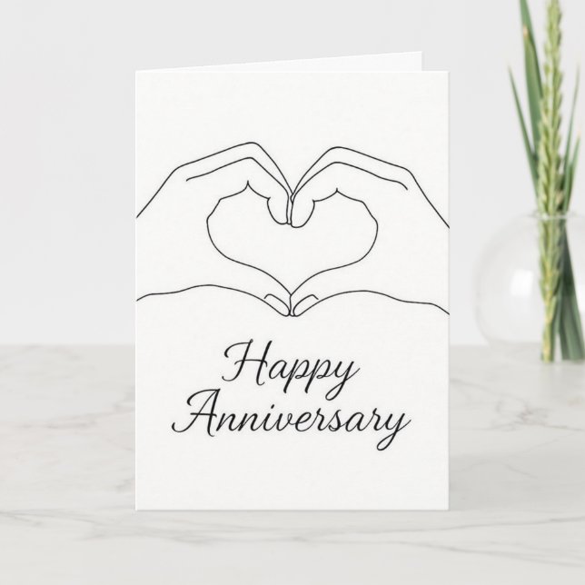 Minimalist Line Art Hands Heart Happy Anniversary  Card (Front)