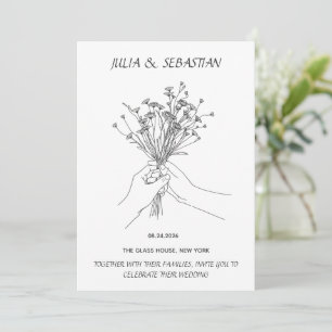 Minimalist Line Art Hands Holding Flowers Wedding Invitation