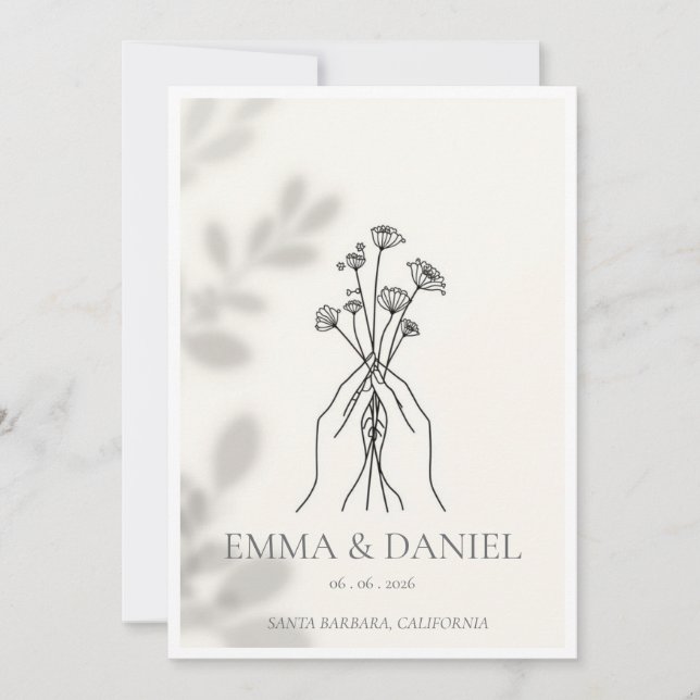 Minimalist Line Art Hands holding Flowers Wedding  Invitation (Front)