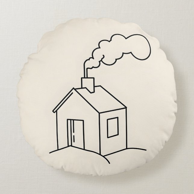 Minimalist Line Art Illustration of a Cosy House Round Cushion (Front)