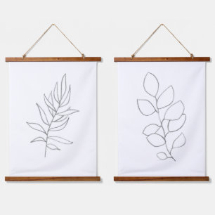 Minimalist line-art leaves hanging tapestry