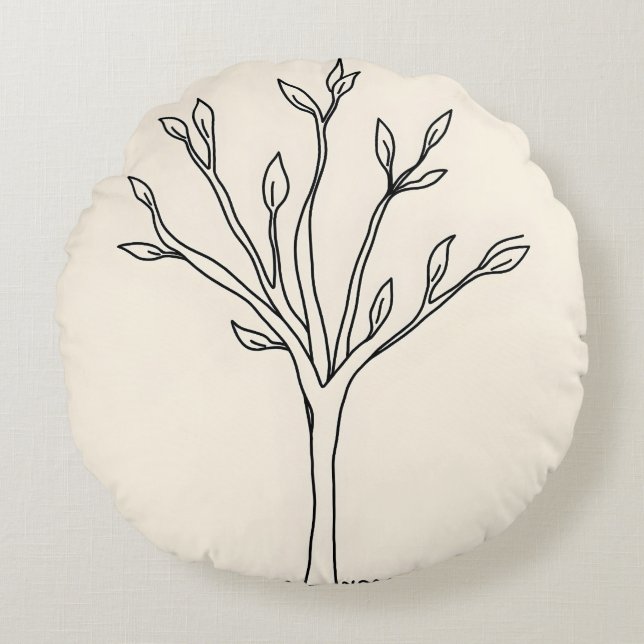 Minimalist Line Art of a Tree with Few Leaves Round Cushion (Front)
