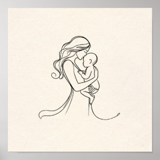 Minimalist Line Art of Mum and Baby Poster