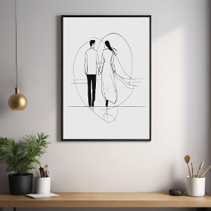 Minimalist Line Art Romantic Couple Holding Hands Poster