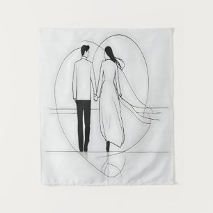 Minimalist Line Art Romantic Couple Holding Hands Tapestry