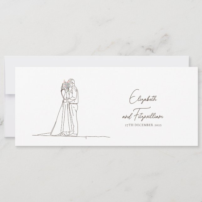 Minimalist Line Art Romantic Couple with Bouquet Invitation (Front)