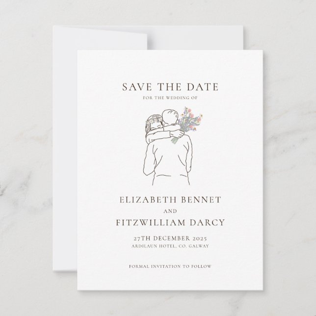 Minimalist Line Art Romantic Couple with Flowers Save The Date (Front)