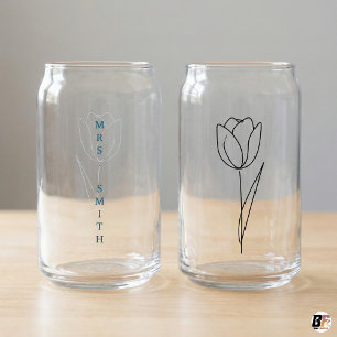Minimalist Line Art Tulip Floral Custom Name Can Glass