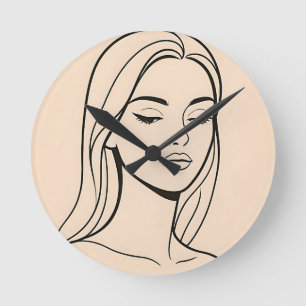 Minimalist Line Art Woman Portrait Elegant Beauty Round Clock