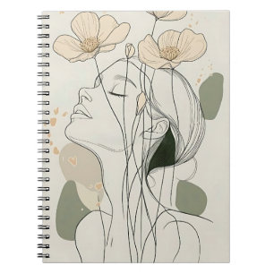 Minimalist Line Art Woman with Floral Notebook