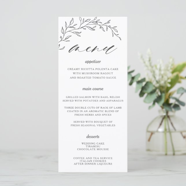 Minimalist Line Laurel Leaf Branch Wedding Menu (Standing Front)