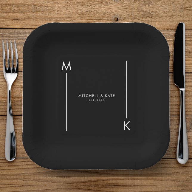 Minimalist Line Monogram Black & White Wedding Paper Plate (Minimalist Line Monogram Black & White Wedding Paper Plates
)