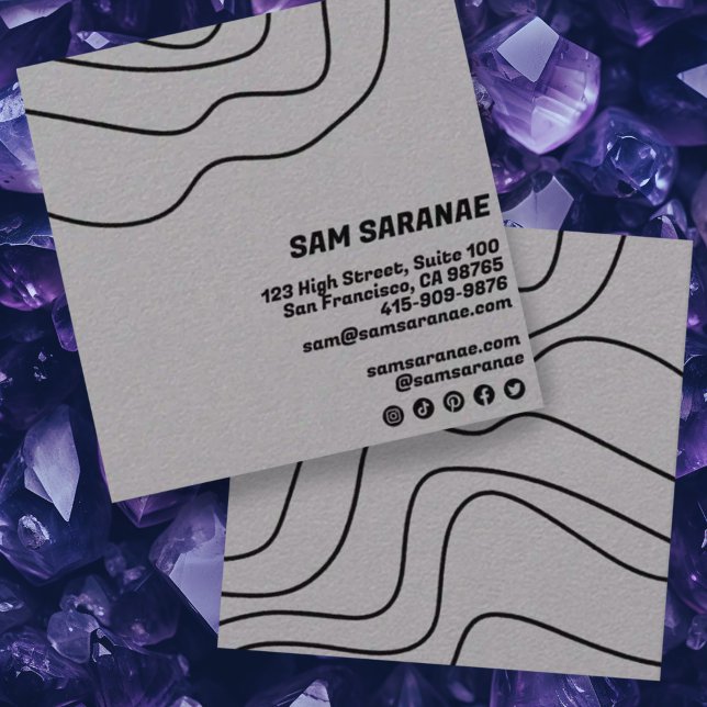 Minimalist Lines Abstract Shapes Unique Graphic BW Square Business Card (Luxe gray custom handmade lines square business cards with social media icons.)