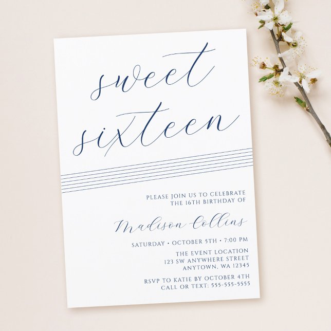 Minimalist Lines Navy Blue White Sweet 16 Invitation (Creator Uploaded)