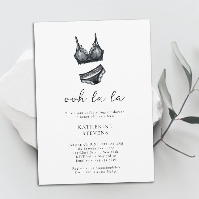 Minimalist Lingerie Party Ooh La La Bridal Shower Invitation (lingerie party bridal shower invitation black white classy panties bra set lace elegant watercolor)