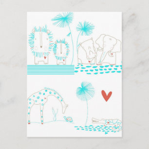 Minimalist Lion, Turtle, Crocodile and Giraffe Postcard