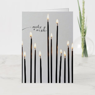 Minimalist lit black-line candles flames foil greeting card